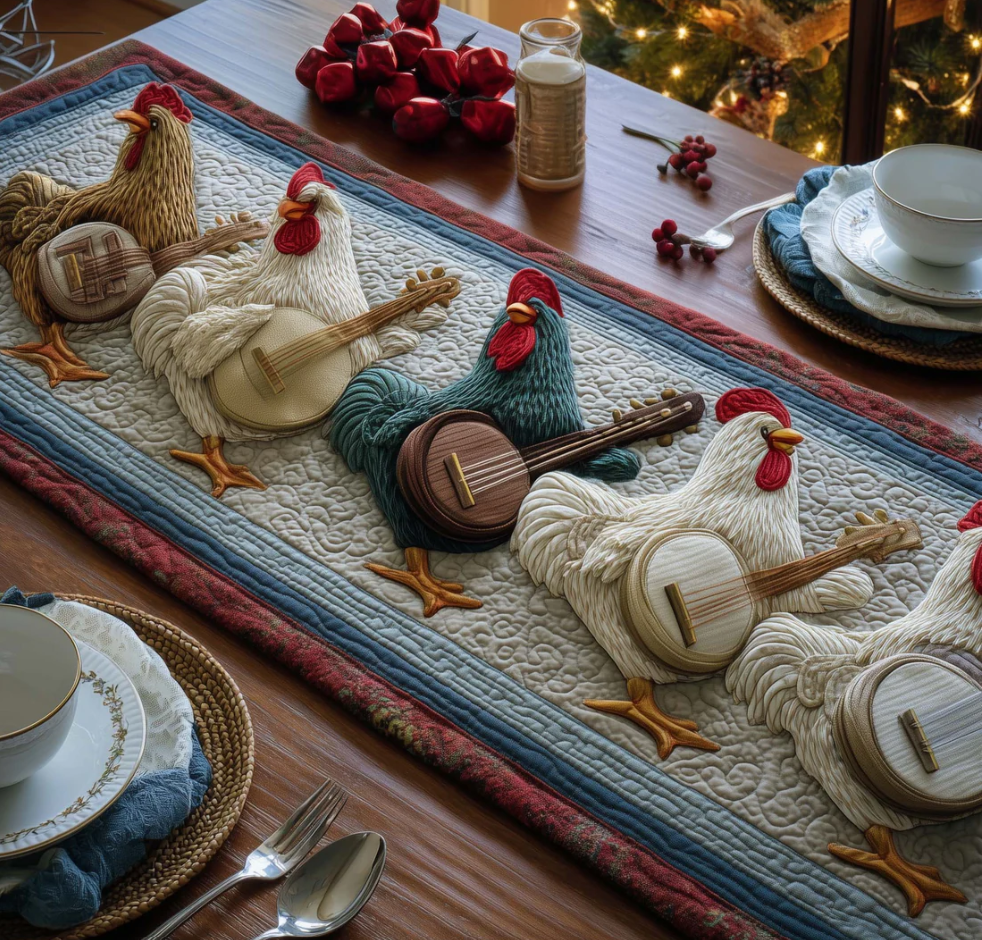 Banjo Roosters Quilted Table Runner Musical Chicken Pattern Dining Table Flag for Home Decor | chicken