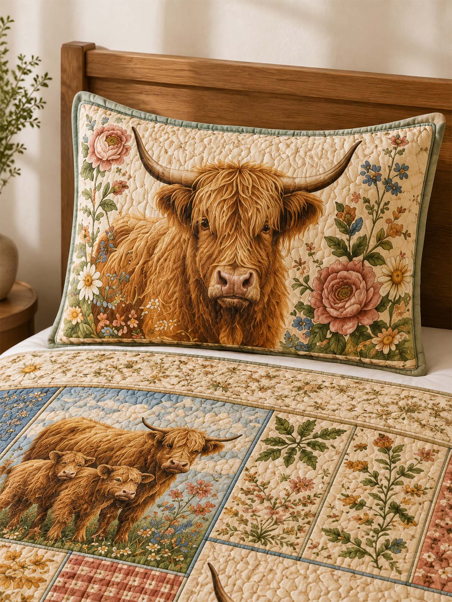 Highland Cow Floral Patchwork Quilted 3-Piece Bedding Set