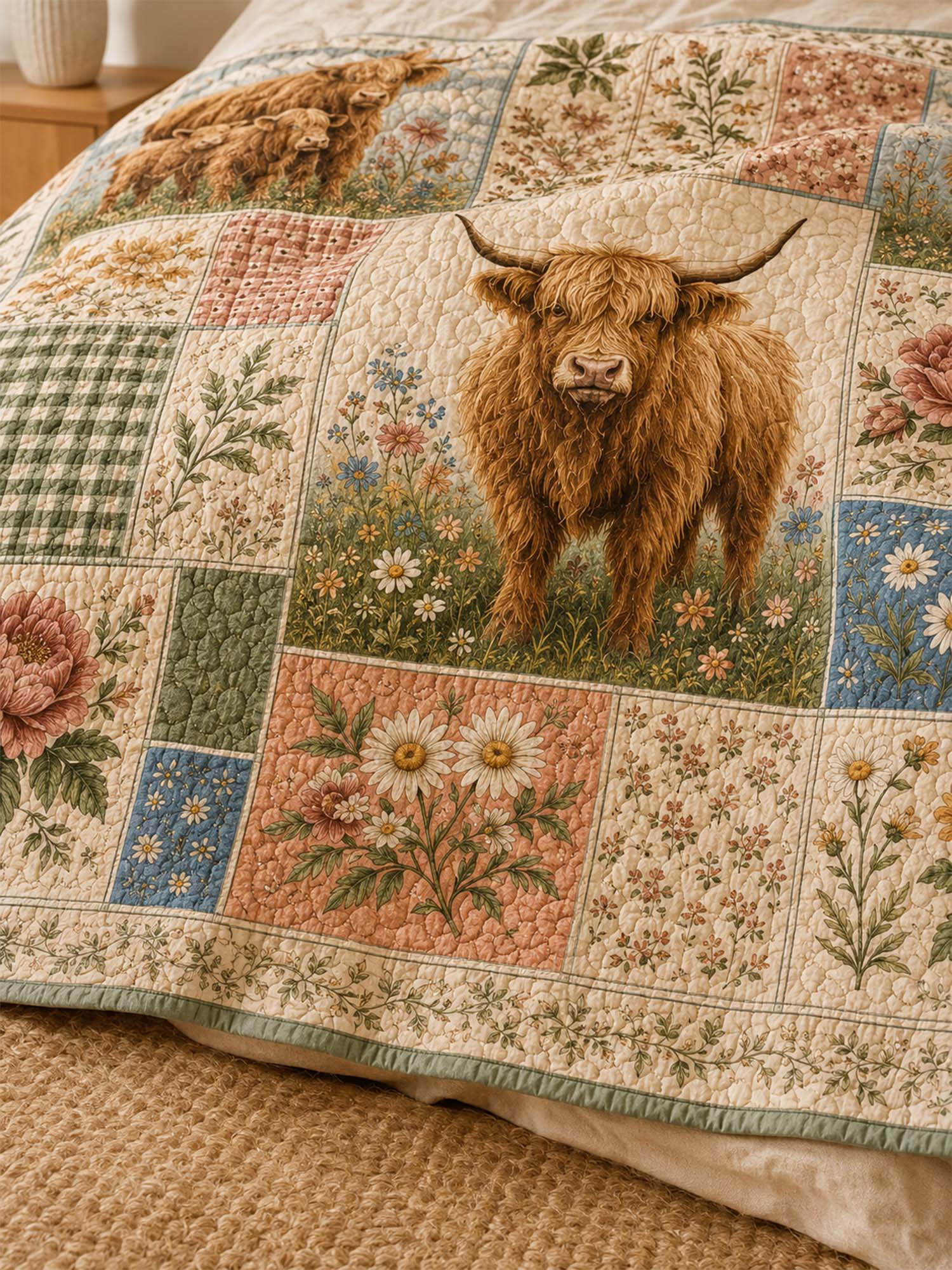 Highland Cow Floral Patchwork Quilted 3-Piece Bedding Set