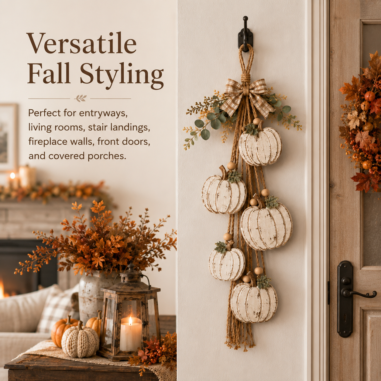 5-Pumpkin Rustic White Hanging Swag – Fall Door & Wall Decor