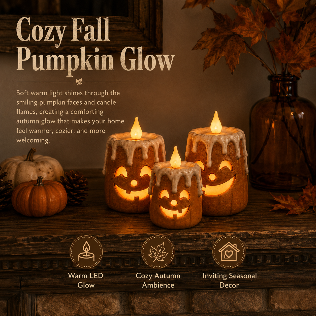 3-Piece Set Cozy Lighted Pumpkin Candles
