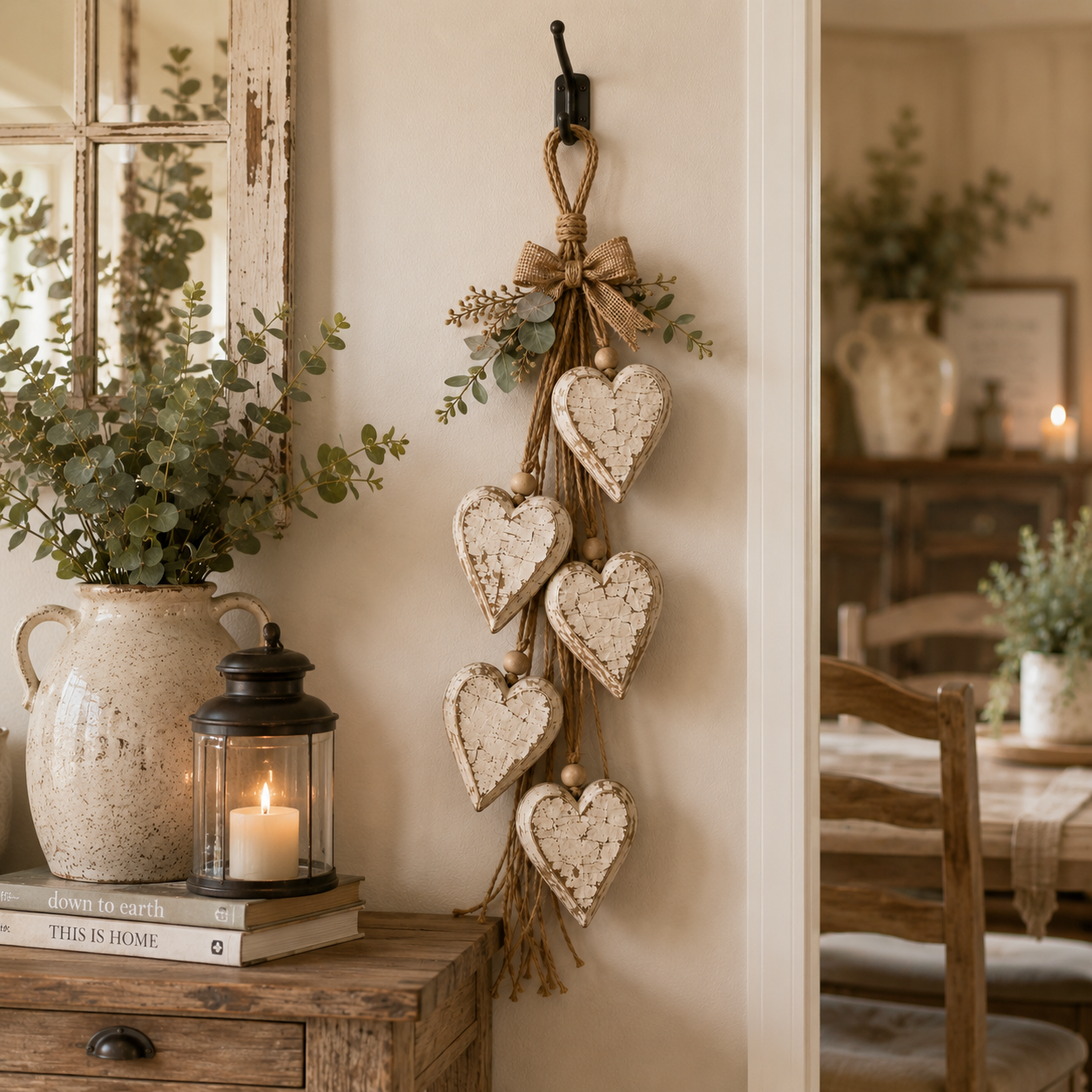 Five-Heart Hanging Wall Decor – Rustic Farmhouse & Coastal Styles