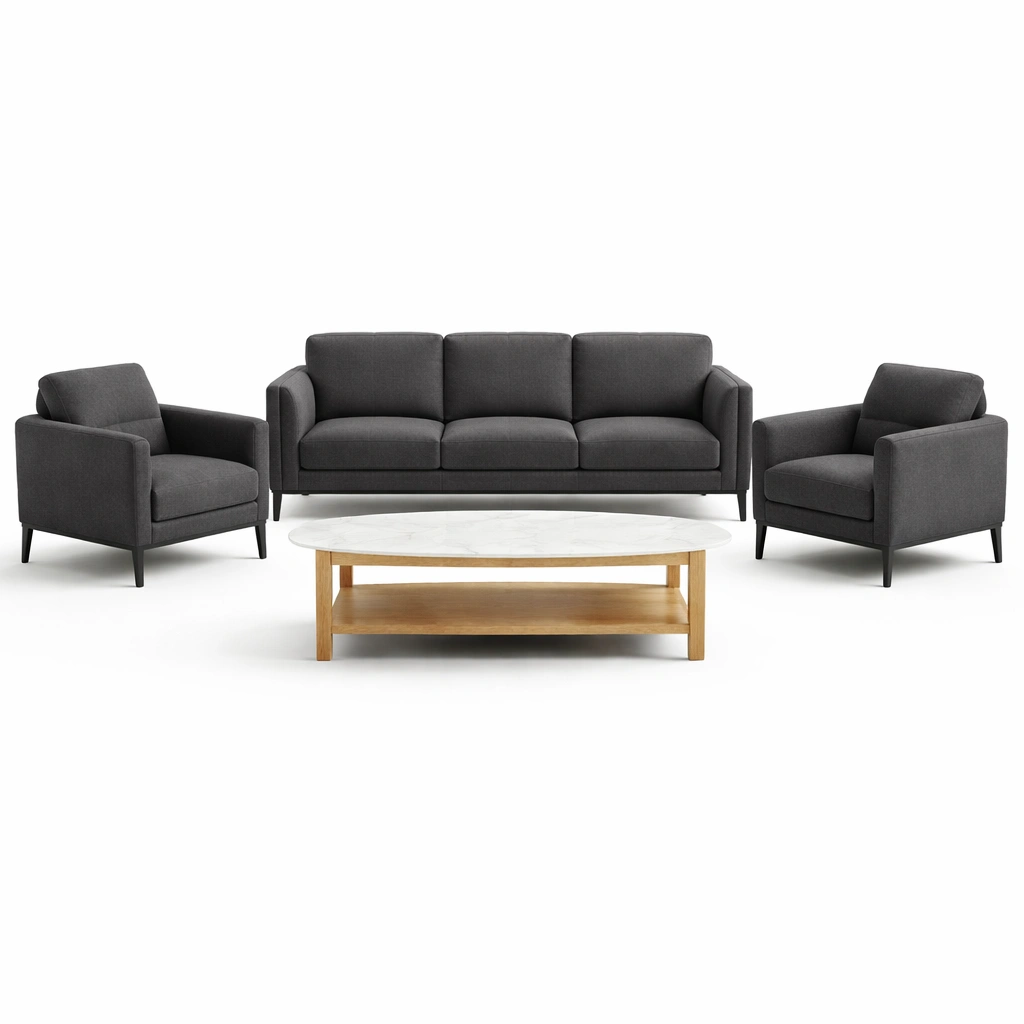 Sofaset Dunkelgrau Textil Metall Holz Marmor-NESTMINO