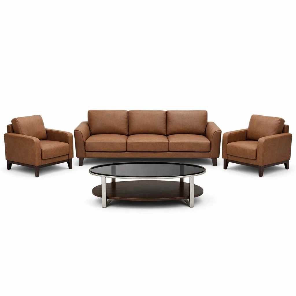 Sofaset Pu Leder Braun Mit Glastisch-NESTMINO