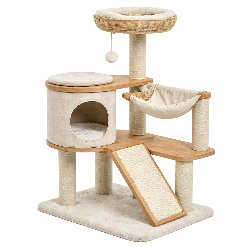 Mdf polyester kratzbaum beige mit hängematte höhle und kratzfläche-NESTMINO