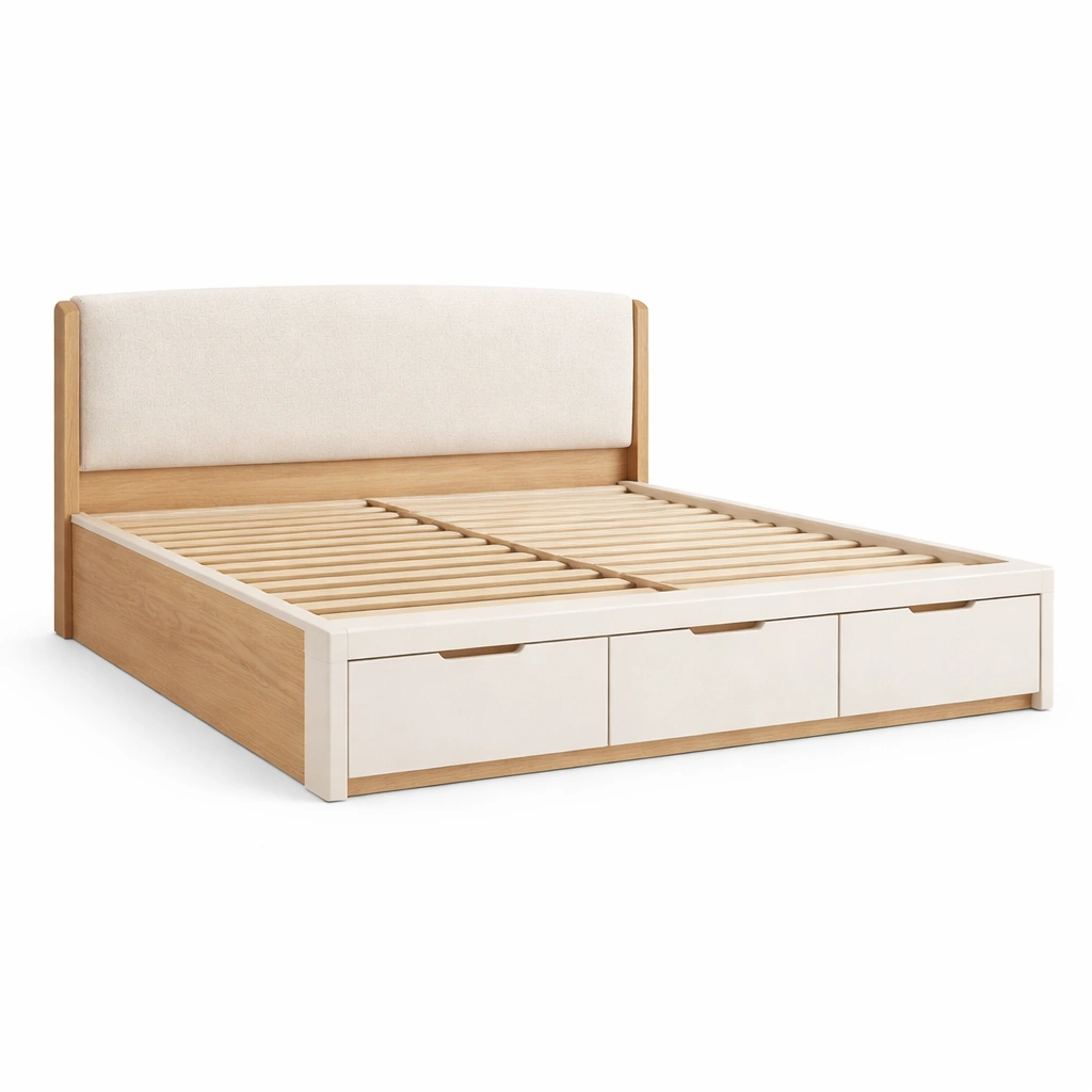 Bett mit stauraum holzrahmen stoffpolster kopfteil und schubladen-DECOKORA