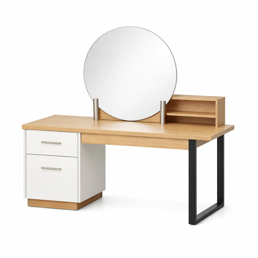 Schminktisch Holz Mit Spiegel Und Schubladen Weiß Eiche 140x60x75cm-DECOKORA