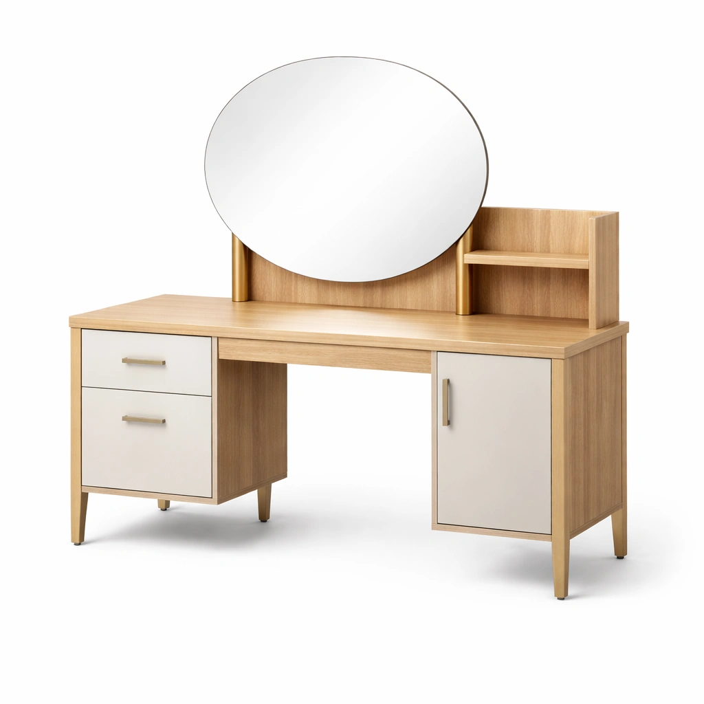 Schminktisch Aus Holz Mit Ovalem Spiegel Schubladen Und Schrank-DECOKORA