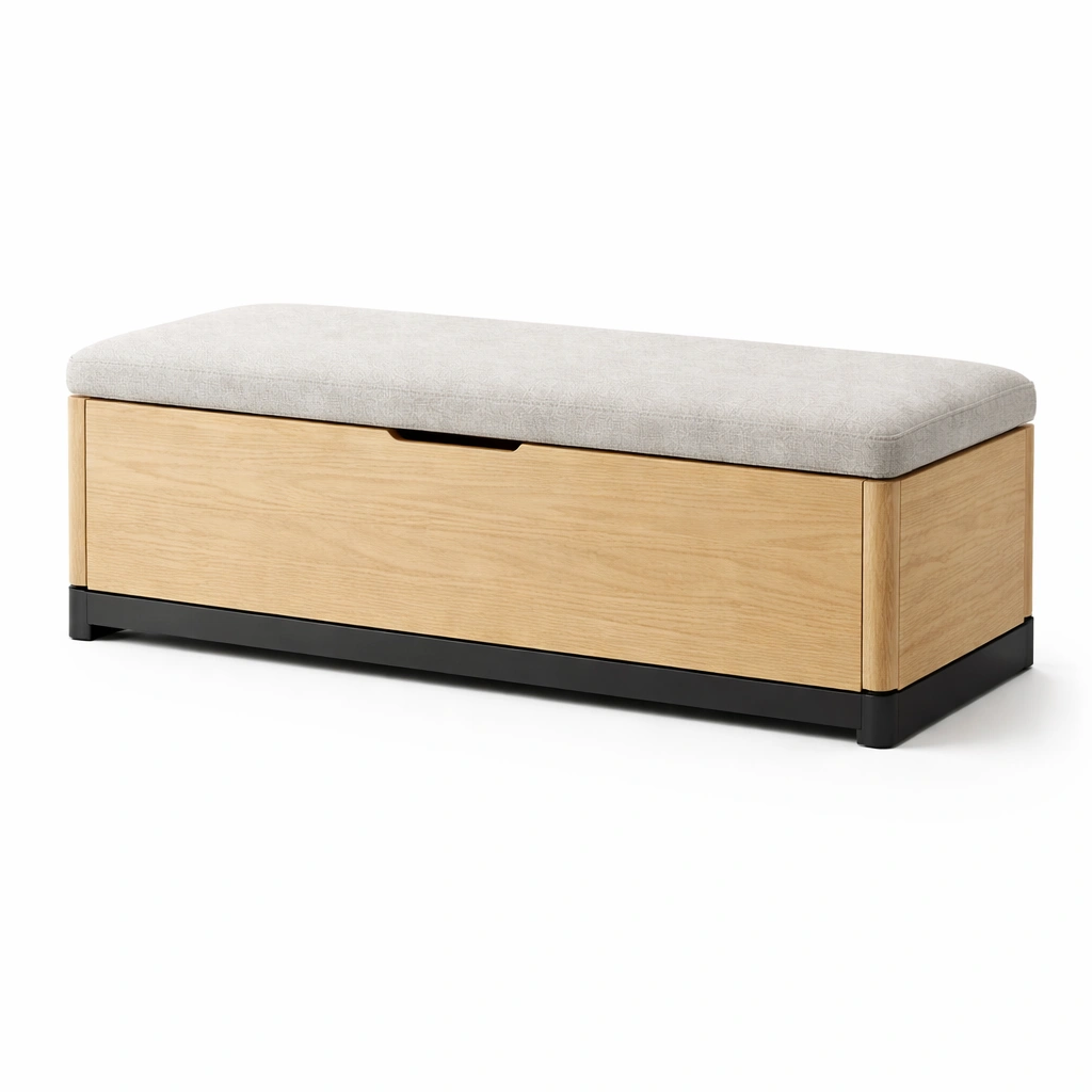 Sitzbank mit stauraum holzfurnier mit hellgrauem stoffpolster-DECOKORA