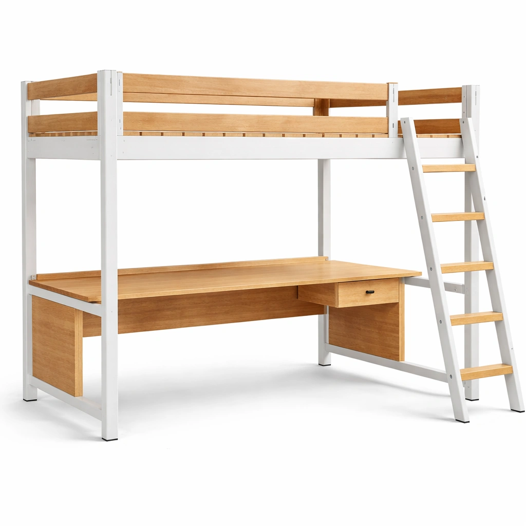 Hochbett Holz Metall Weiß Natur mit Schreibtisch-DECOKORA