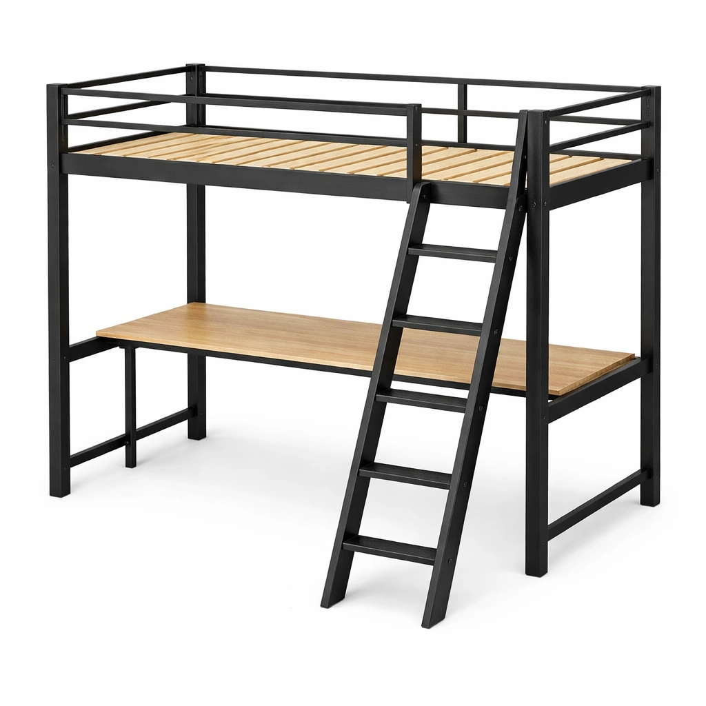 Hochbett Metall Holz Schwarz mit Schreibtisch-DECOKORA