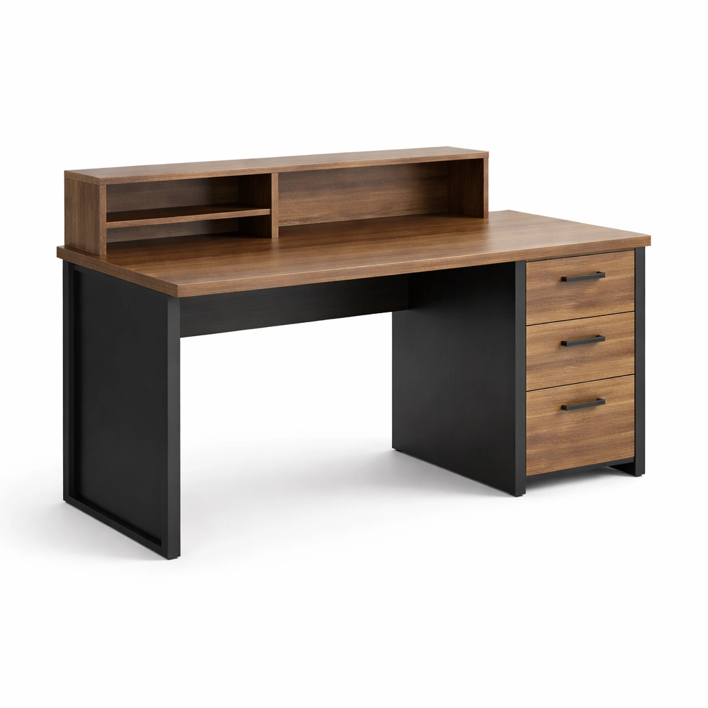 Schreibtisch Holzfaserplatte Schwarz Braun Mit Regalfach Und Schubladen-DECOKORA