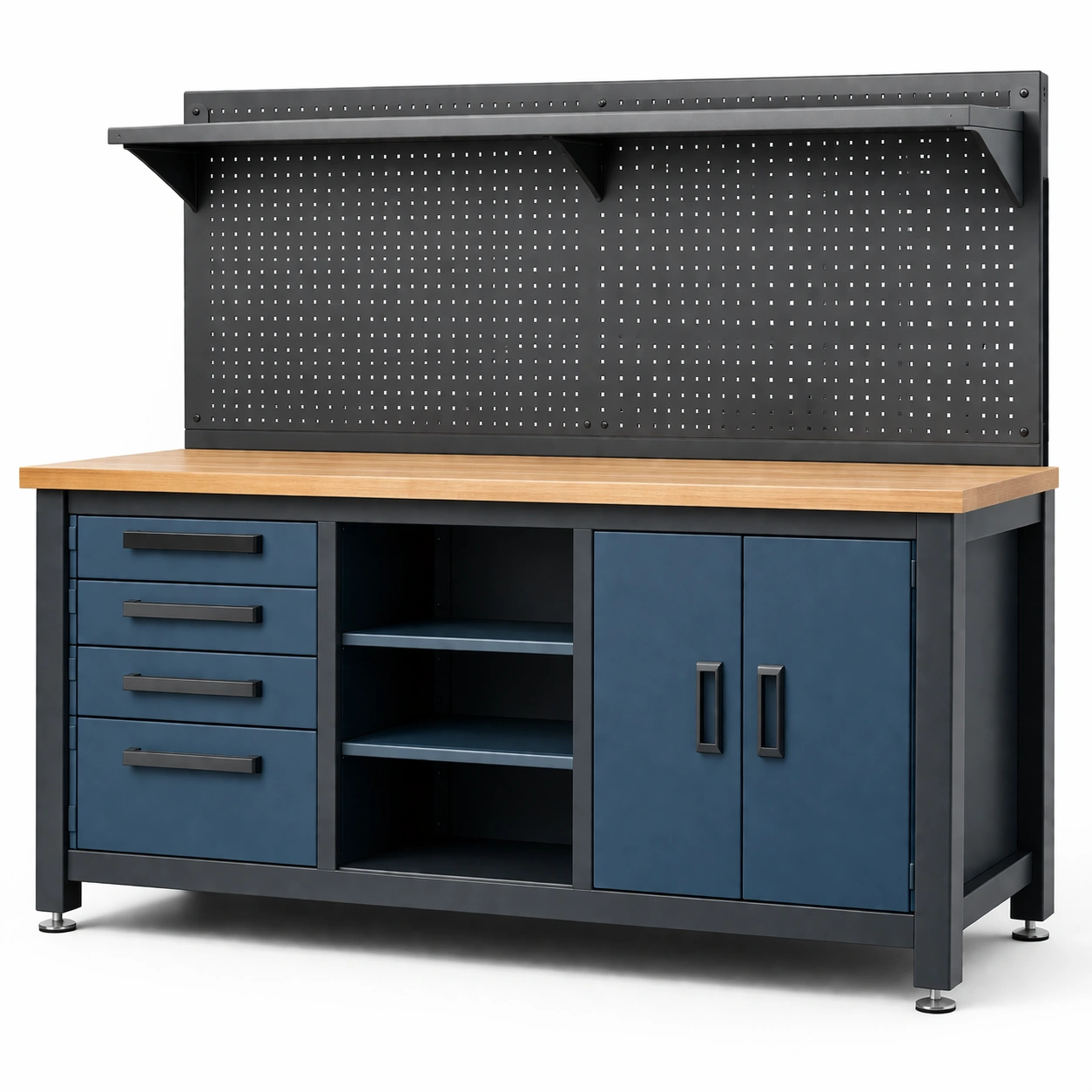 Werkbank aus metall mit eichenholzplatte blau schwarz-HOMTINO