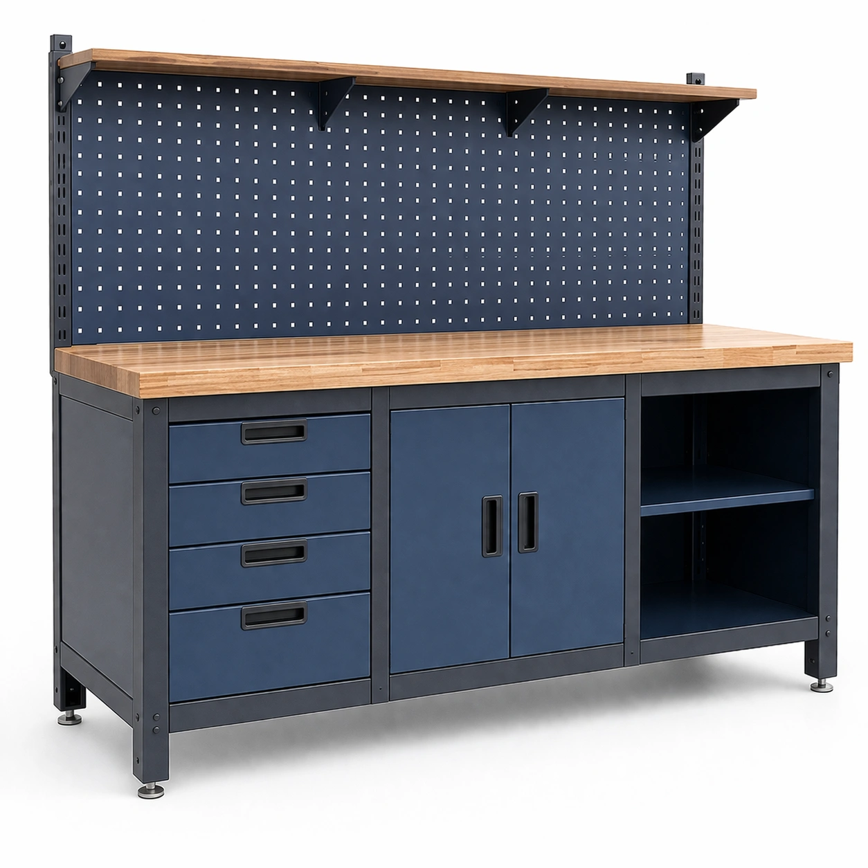 Werkbank stahl massivholz blau mit schubladen und regalböden-HOMTINO