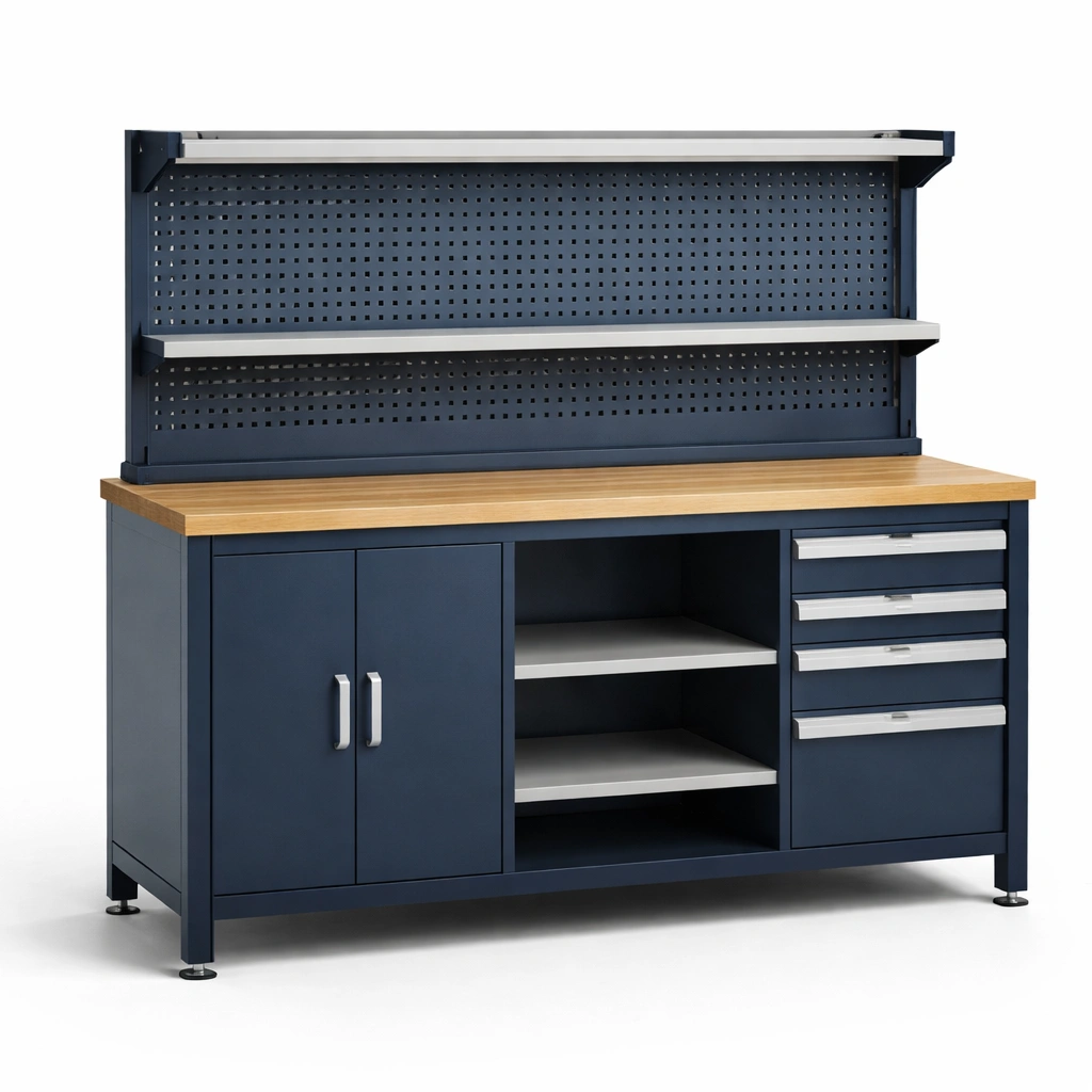 Werkbank stahl blau mit massivholzplatte und stauraum-HOMTINO