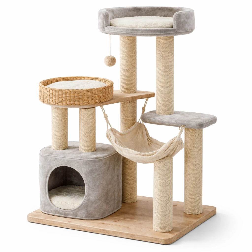Holz sisal kratzbaum grau beige mit hängematte-HOMTINO