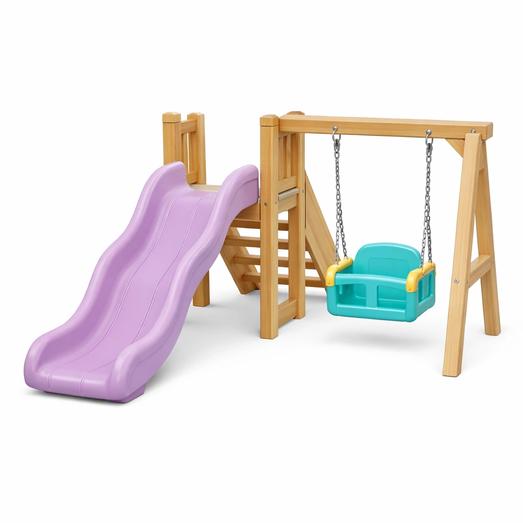 Kinderspielgerät Holz Kunststoff Rutsche Schaukel Lila Türkis-HOMTINO