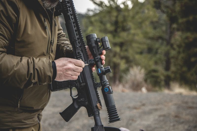 Side view of mounted Night Stalker 4K Day & Night Vision Rifle Scope.