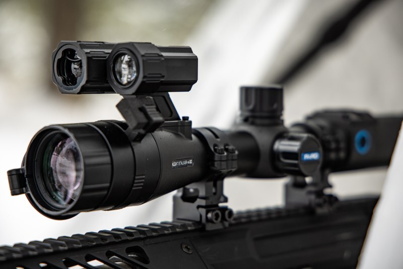 Close up of the Night Stalker 4K Day & Night Vision Rifle Scope lens.