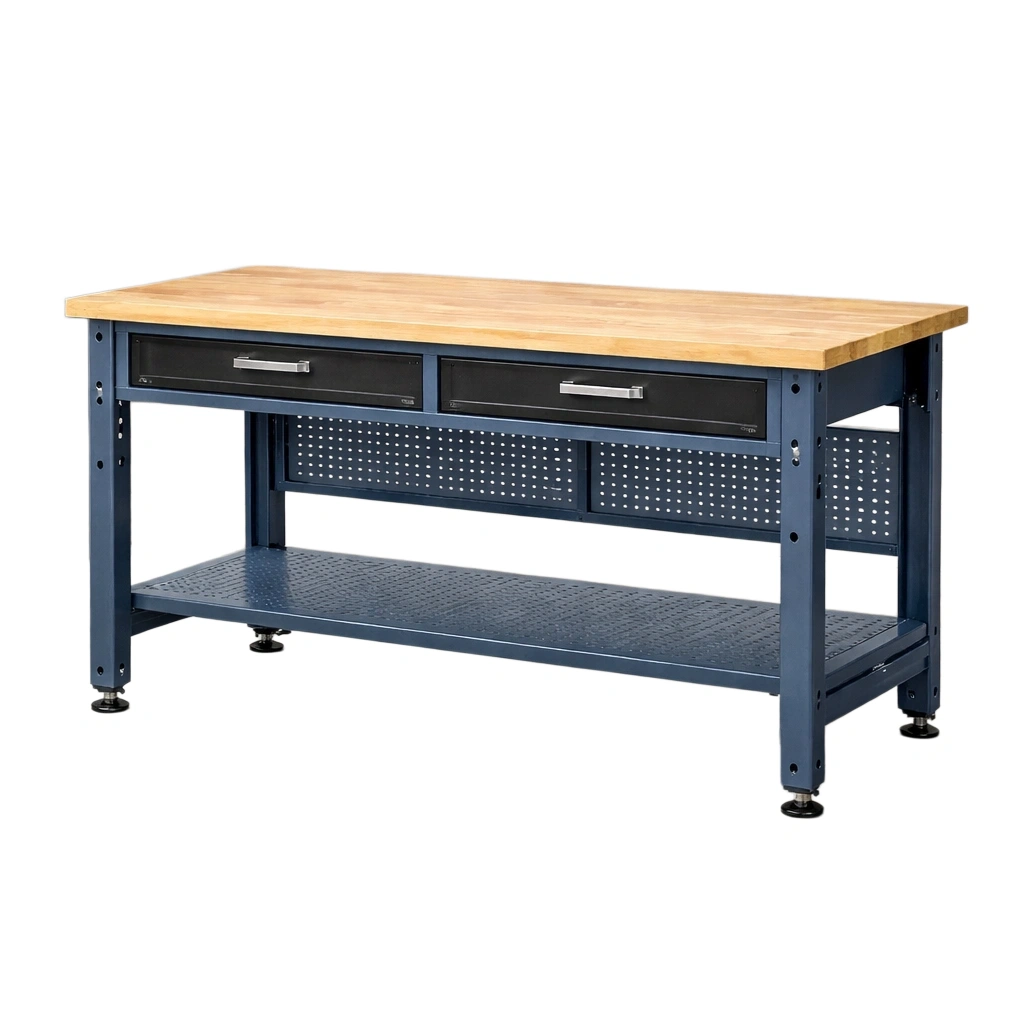 Banco de trabajo de acero con encimera de madera maciza y 2 cajones 152x61x92 cm-Neststylez