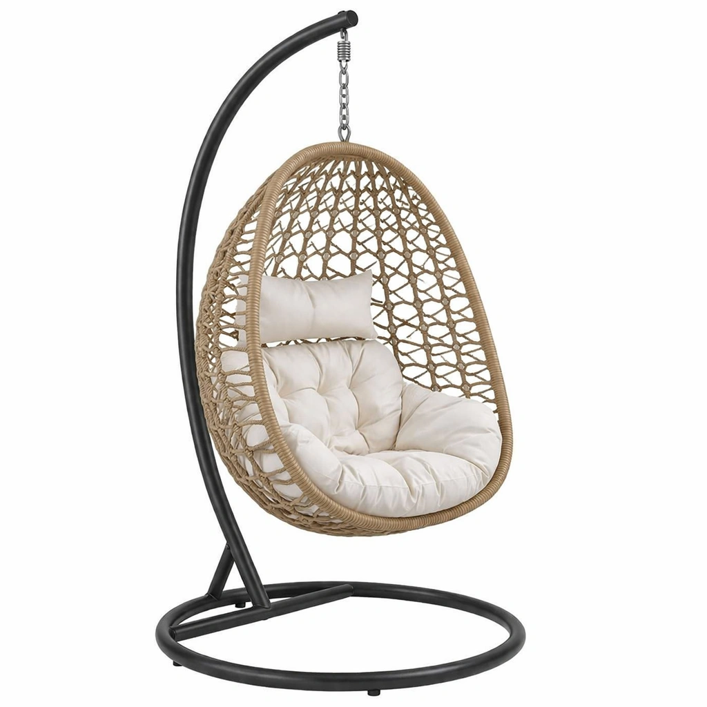 Silla colgante de ratán sintético beige con cojines de crema-furnlora