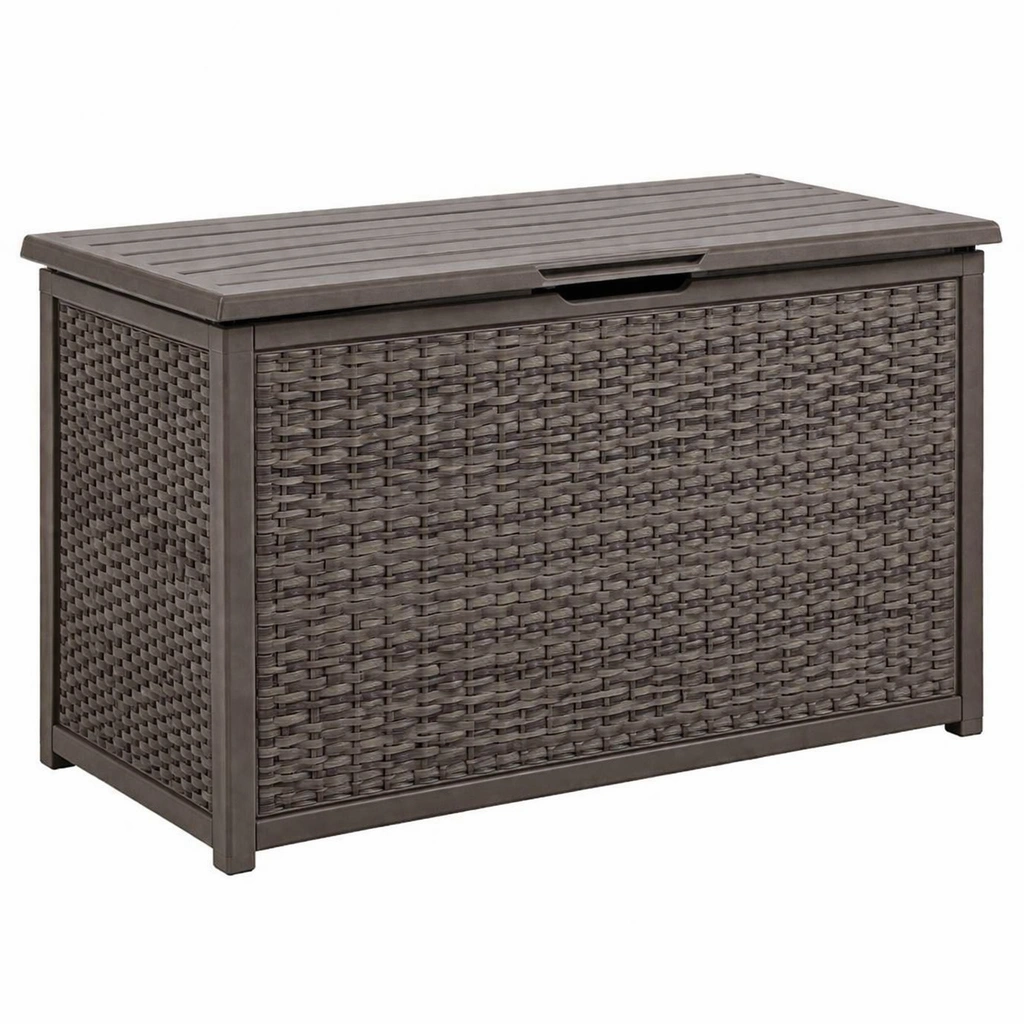 Arcón de almacenamiento para jardín de resina trenzada marrón 117x45x57 cm-furnlora