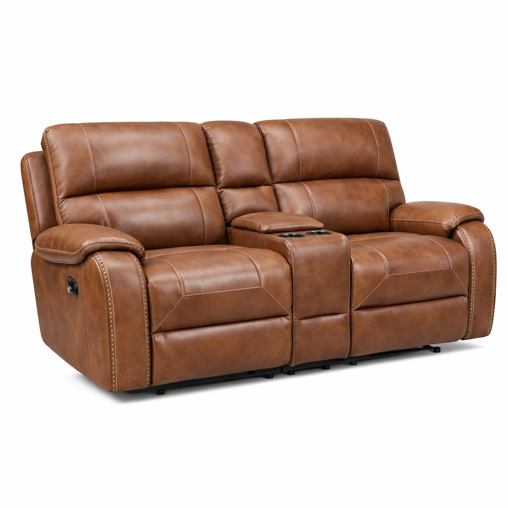 Sofá reclinable de imitación de cuero marrón con porta vasos-furnlora