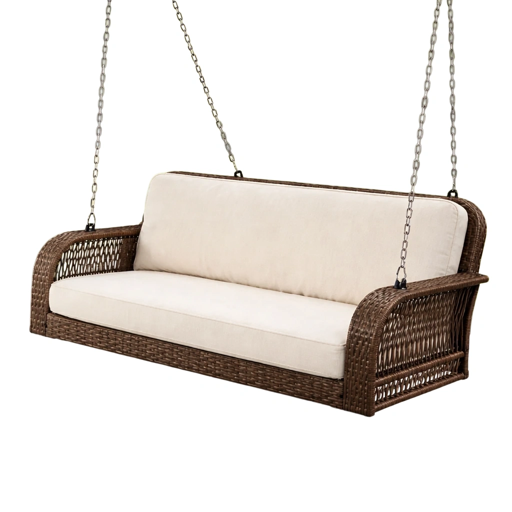 Columpio de porche de ratán con cojines de poliéster beige-Furnglide