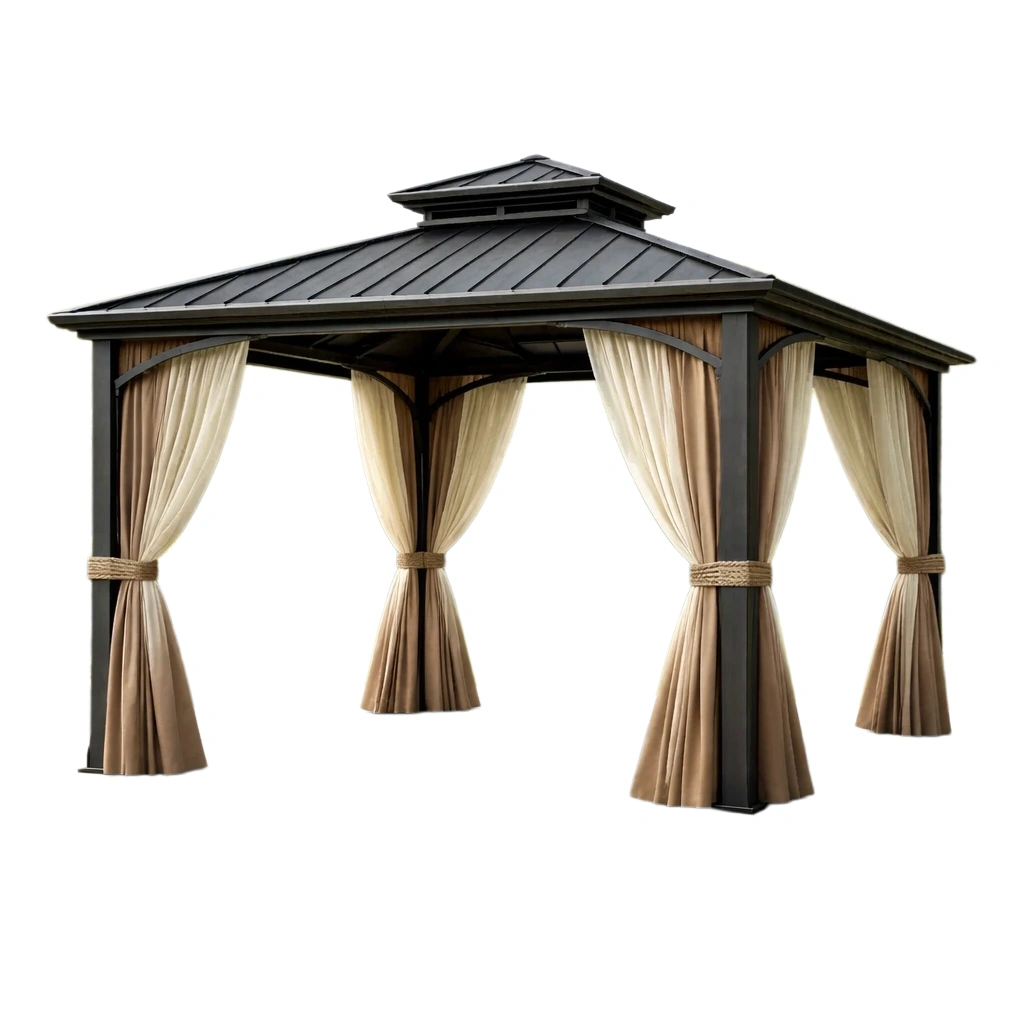 Gazebo de aluminio con cortinas de tela de poliéster beige-FURN ZENO