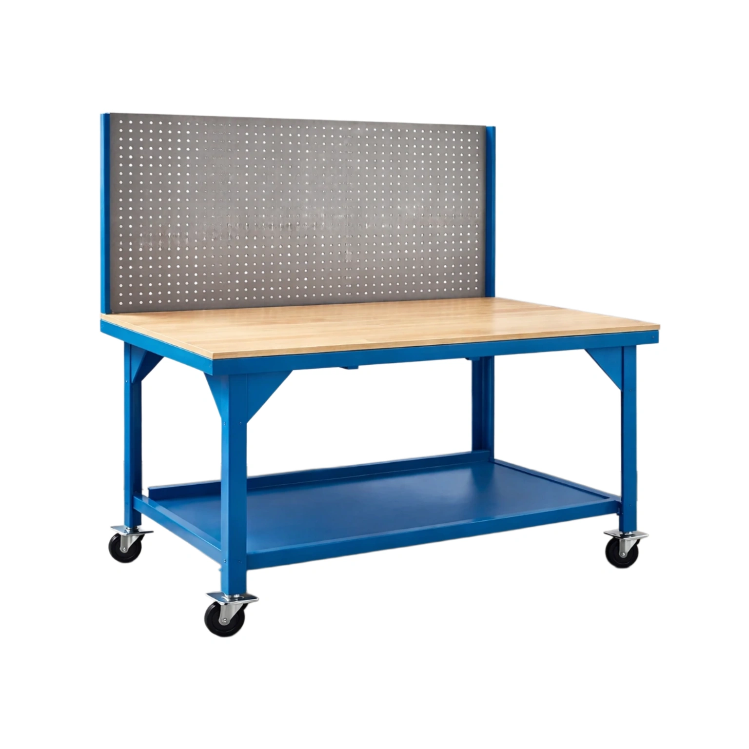 Banco de trabajo móvil con tablero de madera y marco de metal-FURNBLENDY