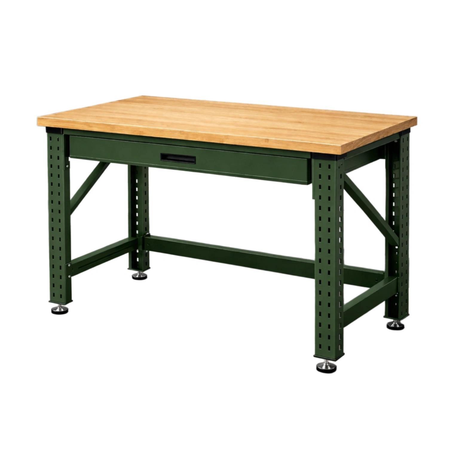 Banco de trabajo de metal verde con tapa de madera roble-FURNBLENDY