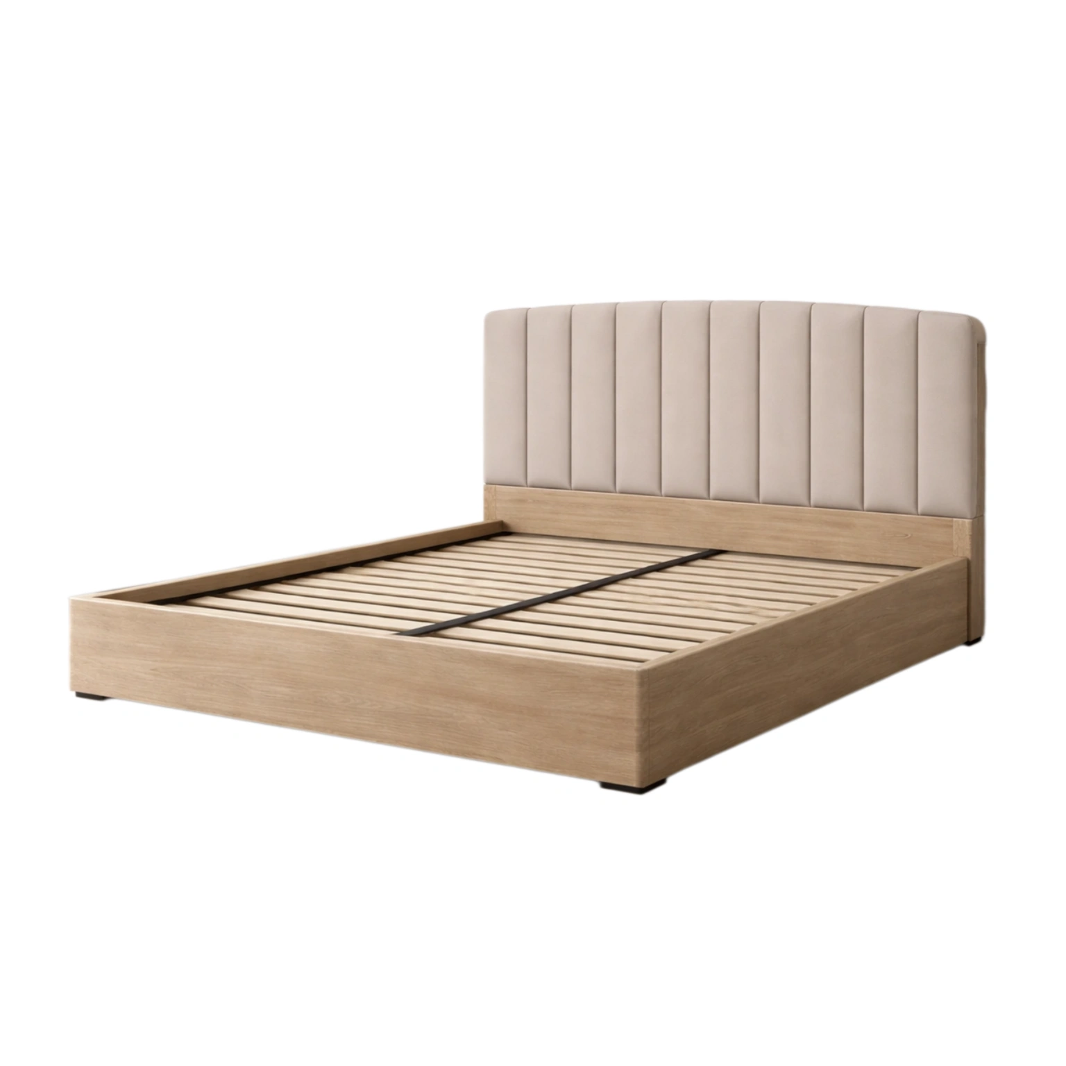 Cama doble de madera con cabecero tapizado en beige-livcrafty