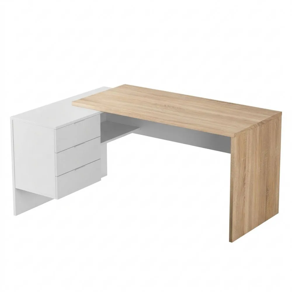 Escritorio de Oficina con Cajón, Blanco y Roble Canadiense, 145x102x73 cm