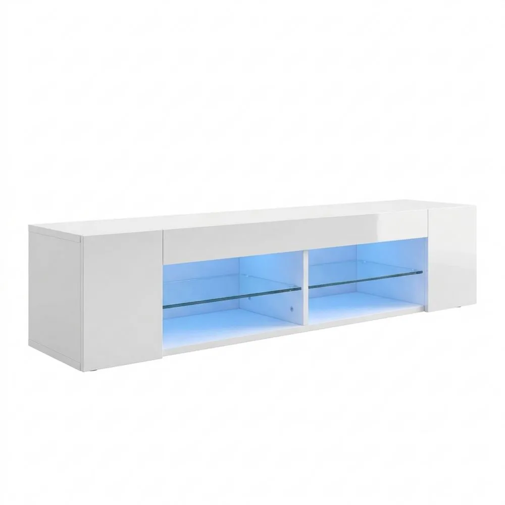 Mueble de TV Blanco Brillante con Luces LED y Estantes de Cristal 135 cm