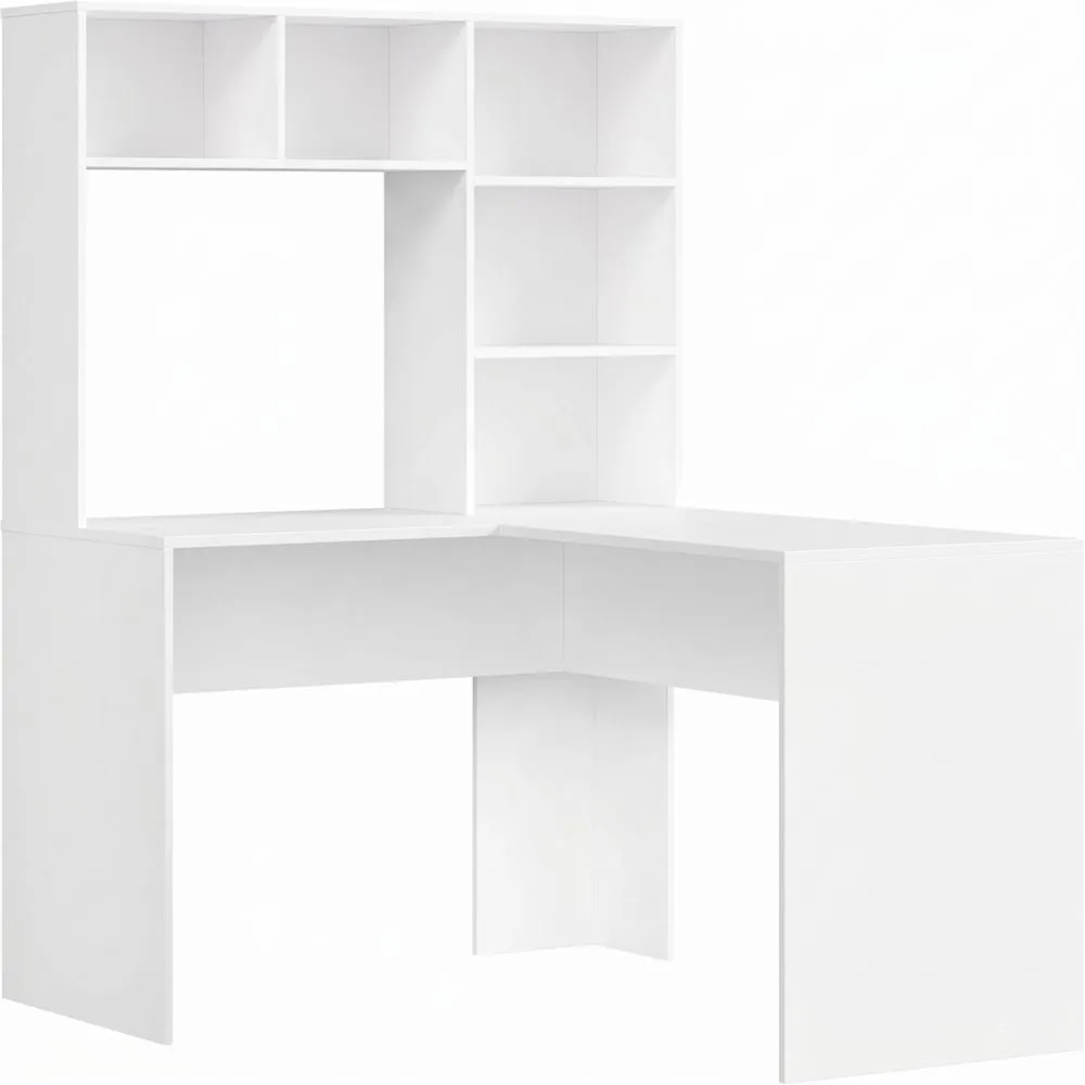 Escritorio Esquinero con Estantería, Mesa de Estudio con Forma de L, Mesa para Ordenador, Blanco