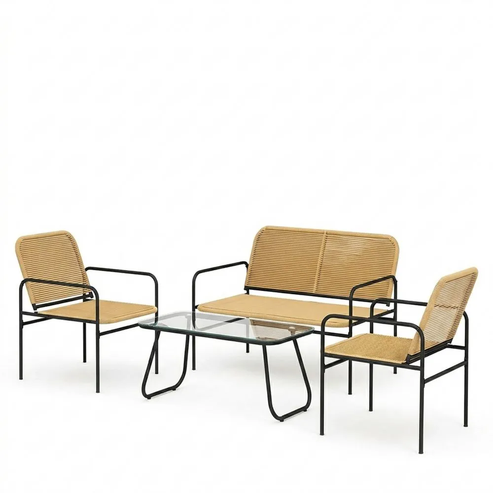 Conjunto de Muebles de Ratán para Jardín, Resistente a la Intemperie, con Sofá, Sillones y Mesa de Vidrio