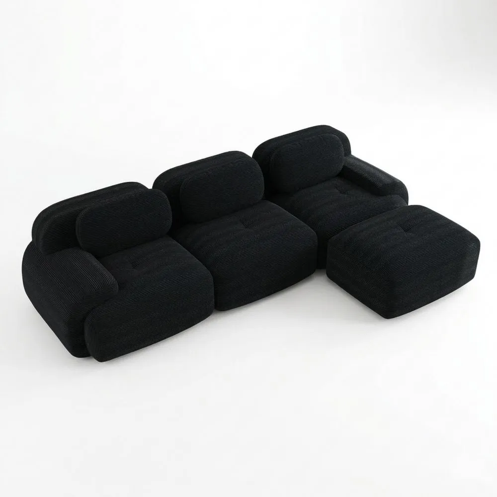 Sofá Esquinero de 4 Plazas con Chaise Longue - Asiento Extra Profundo, Reposabrazos Anchos, Negro