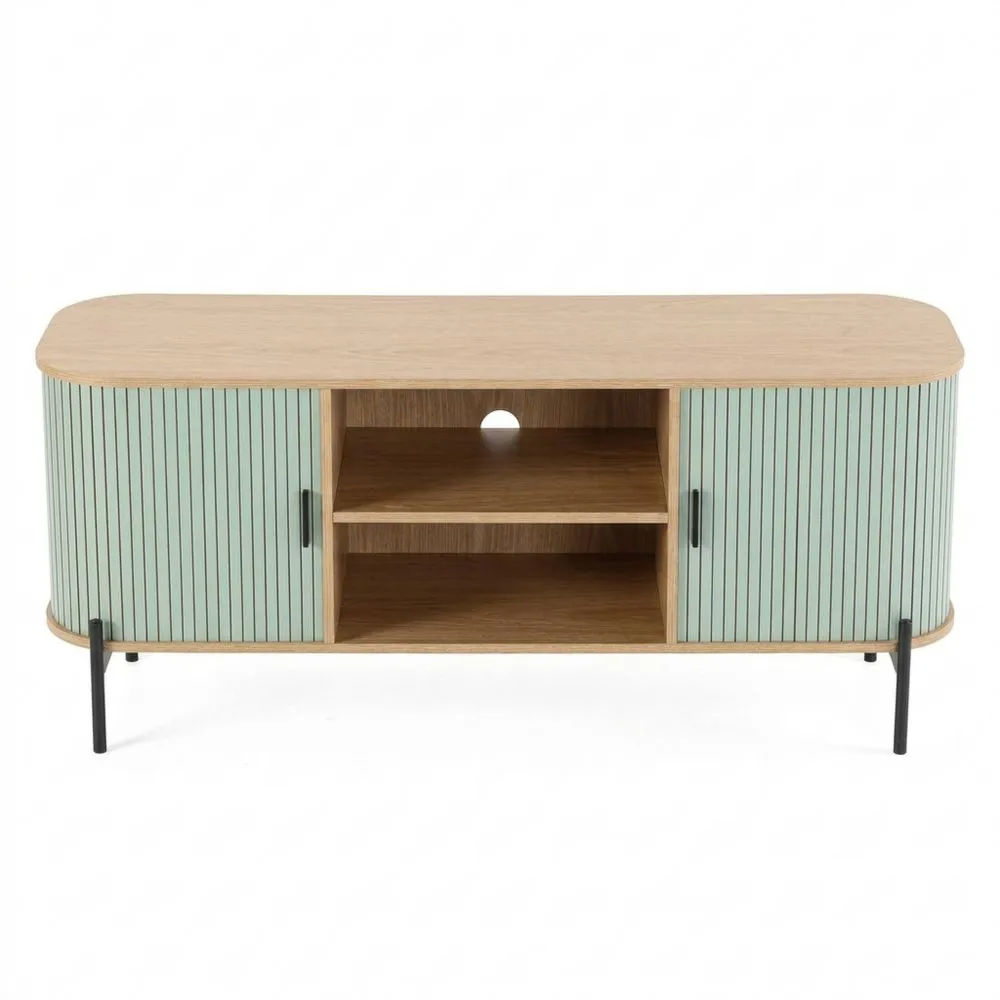 Mueble de TV azul con dos puertas y compartimentos