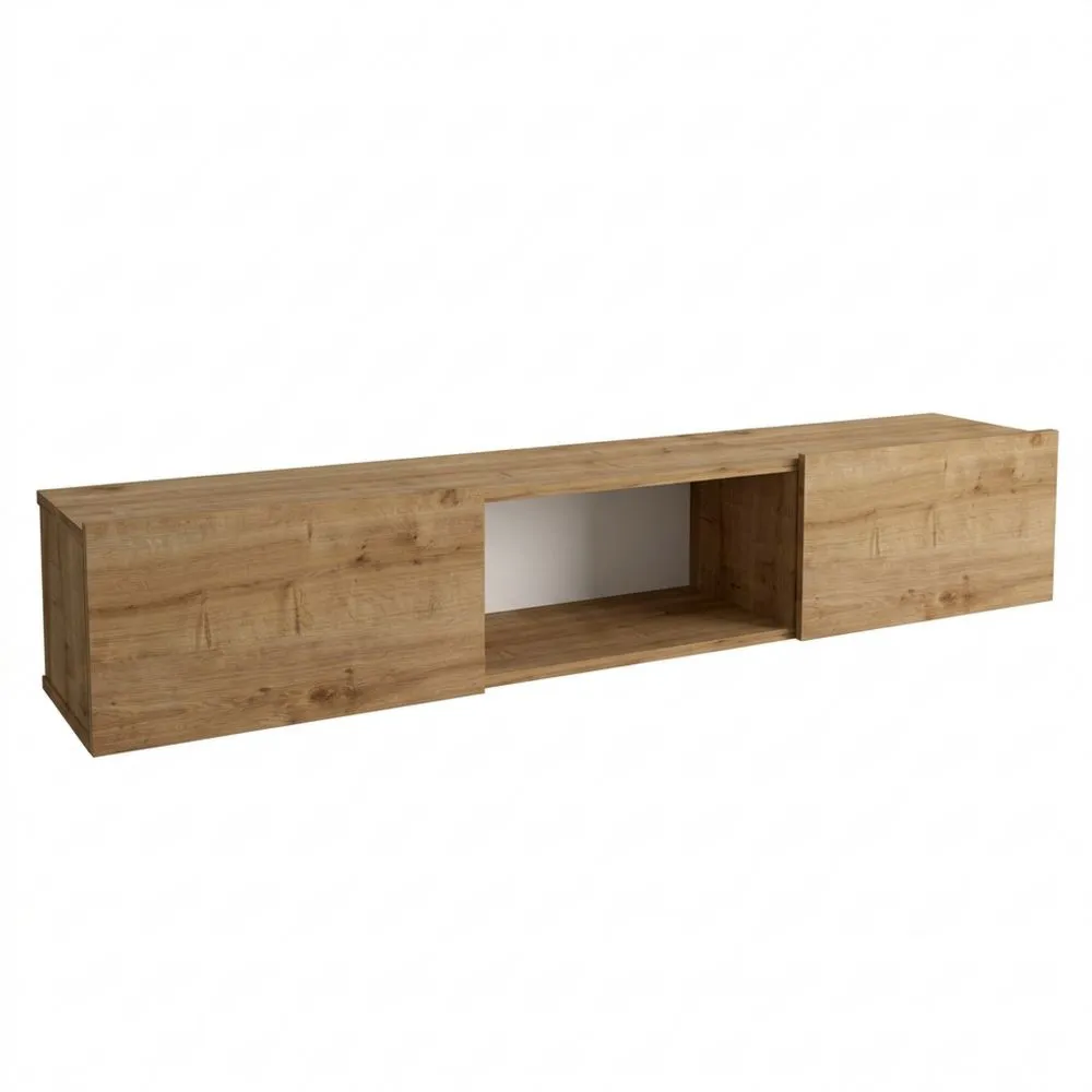 Mueble de TV Flotante con Compartimentos y Puertas Abatibles en Efecto Roble