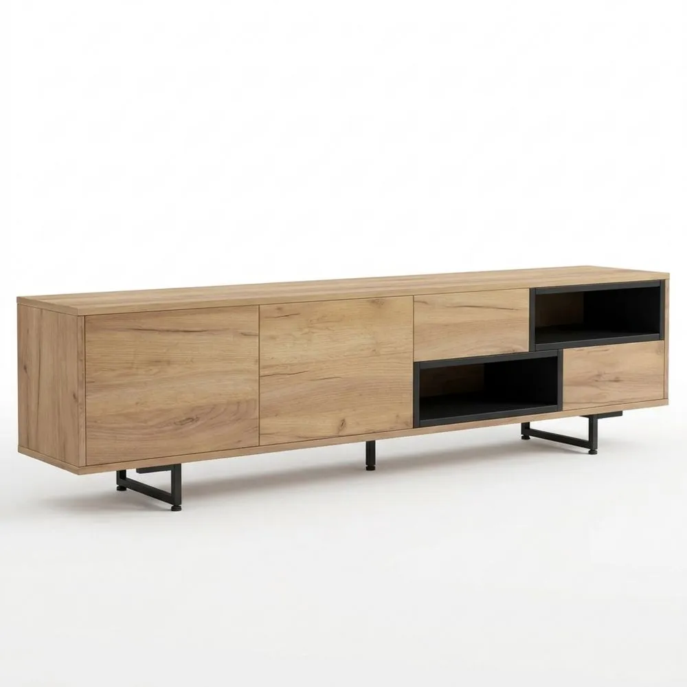 Mueble Bajo para TV de Madera con Compartimentos Abiertos, Funciones de Almacenamiento para Televisores hasta 70 Pulgadas