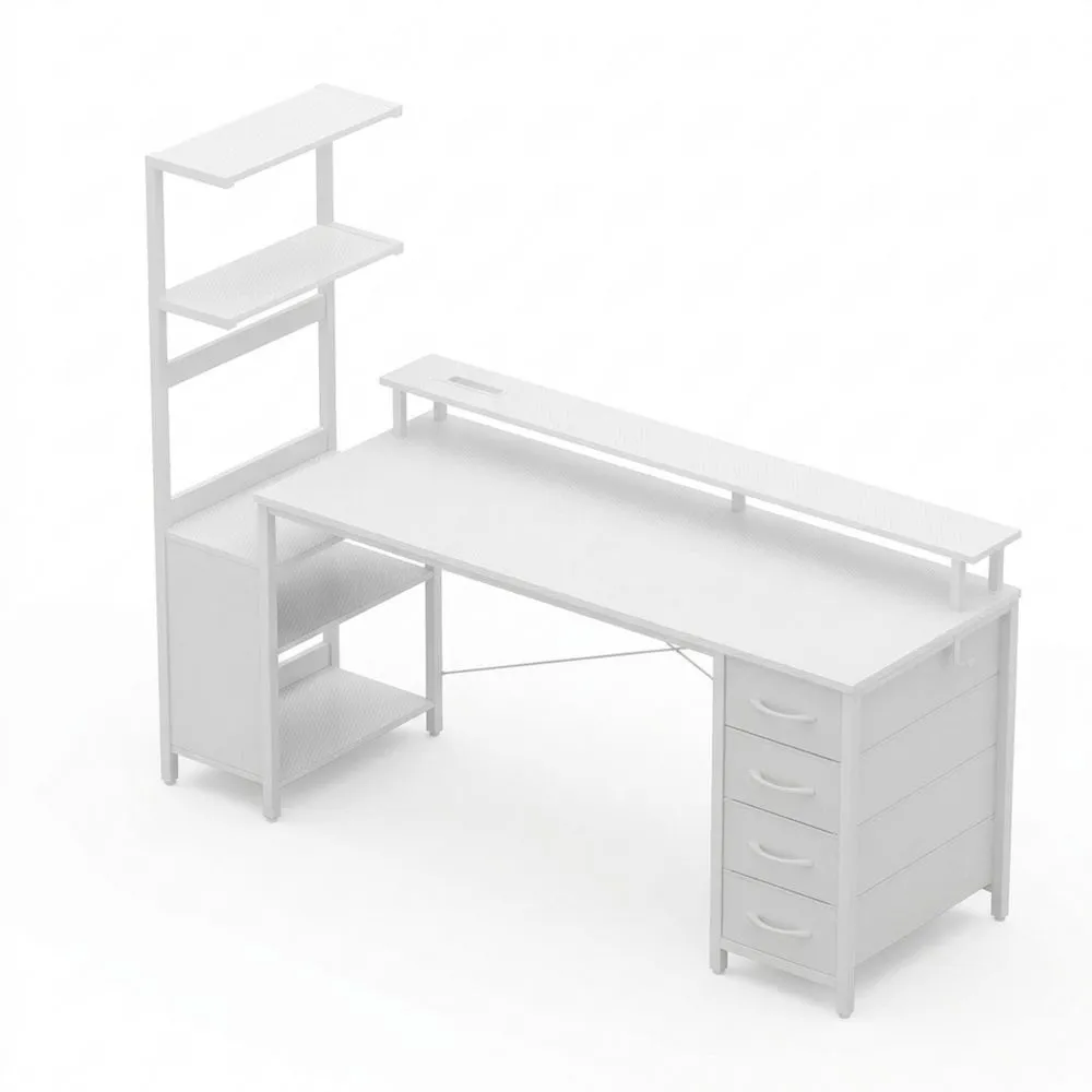 Mesa de juego con iluminación LED y enchufe, 150 x 50 cm, escritorio de ordenador con cajones, fibra de carbono, blanco