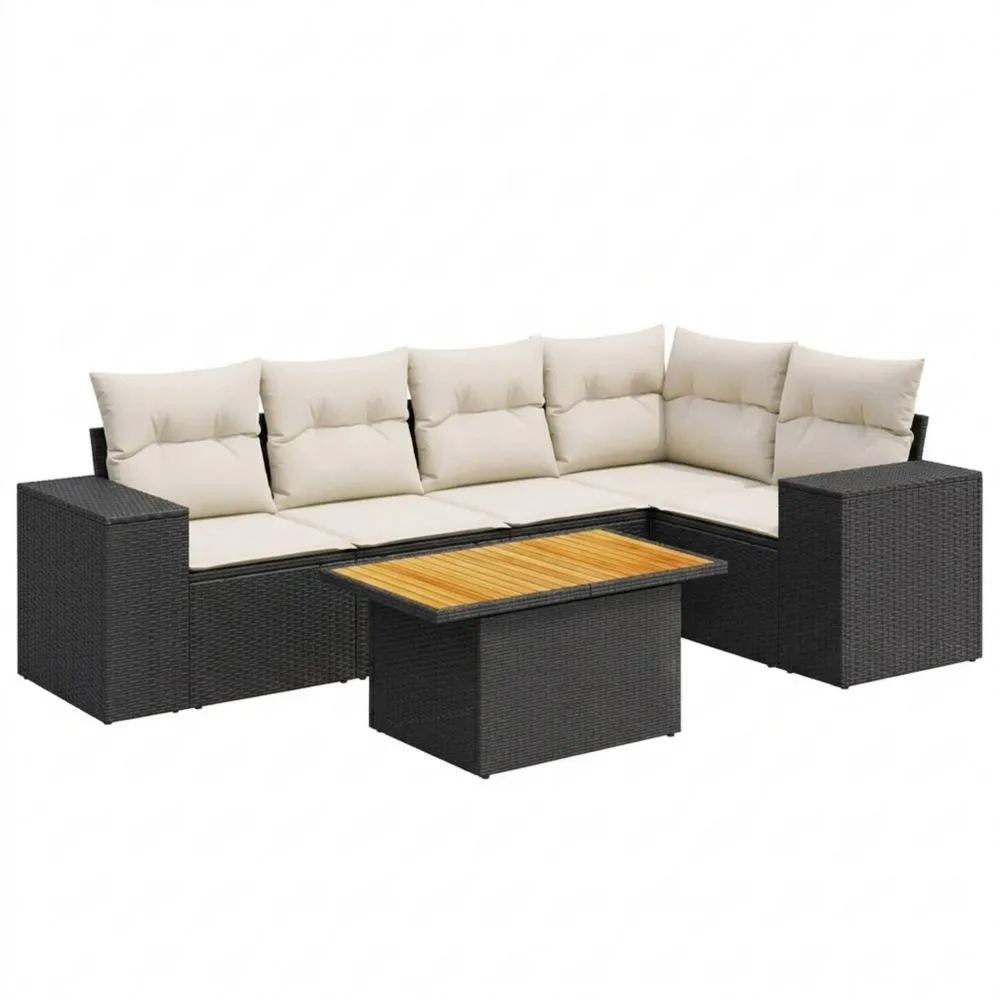 Conjunto de Sofás de Jardín de Ratán con Mesa Ajustable, 6 Piezas en Negro y Crema