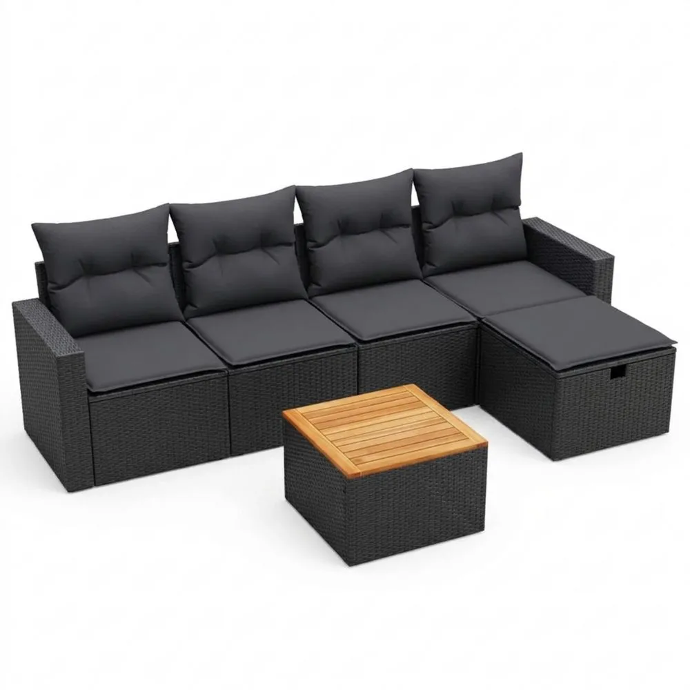 Conjunto de Sofá de Ratán para Jardín con Cojines, Resistente a la Intemperie, Negro, 6 Piezas