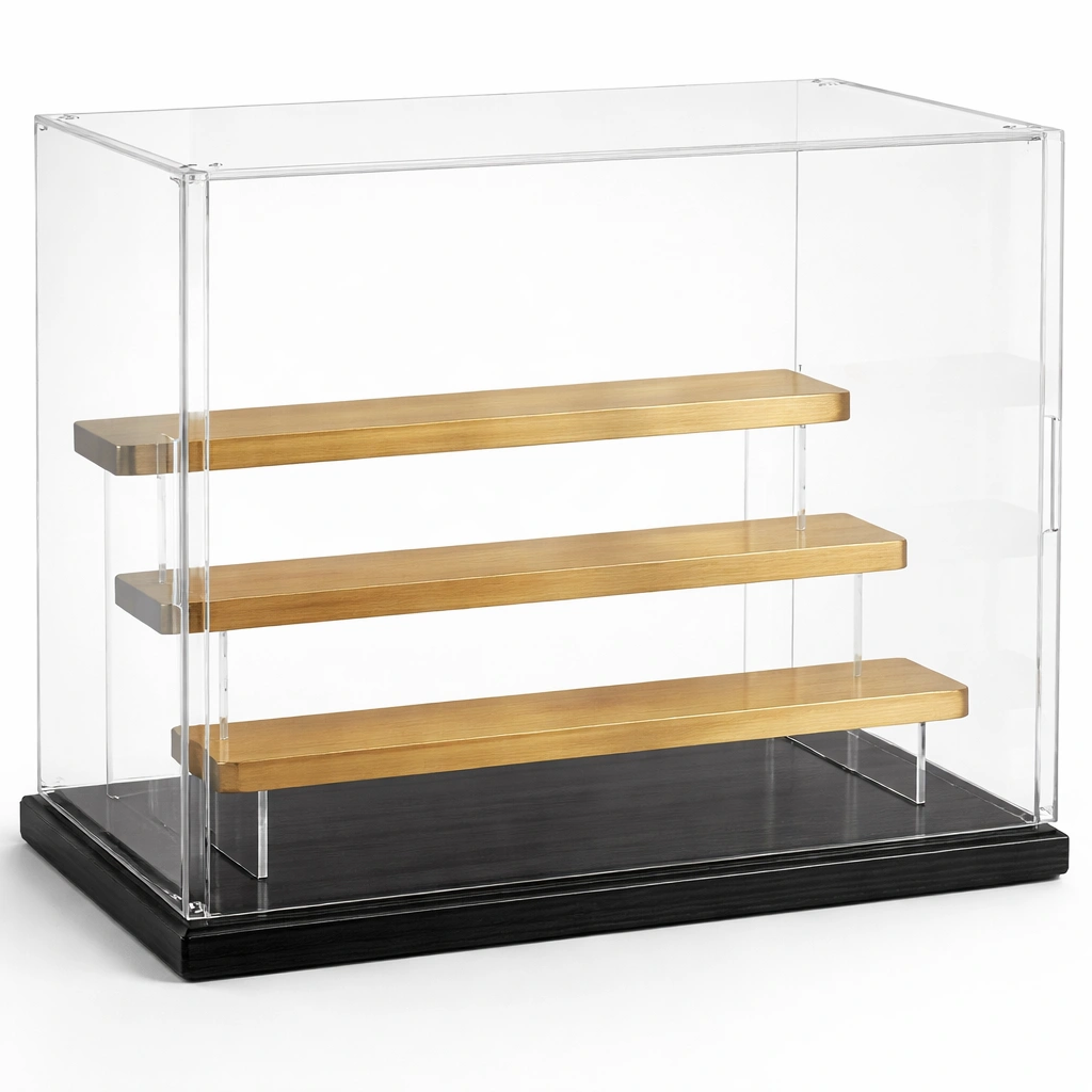 Kompakte Vitrine mit Acrylgehaeuse und Holzboeden