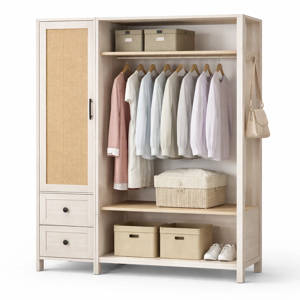 Kleiderschrank mit Rattan Tueren und Schubladen