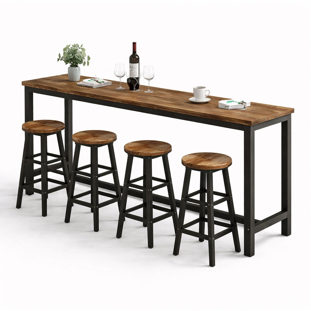 Industrieller Bartisch mit Hockern und Holzplatte