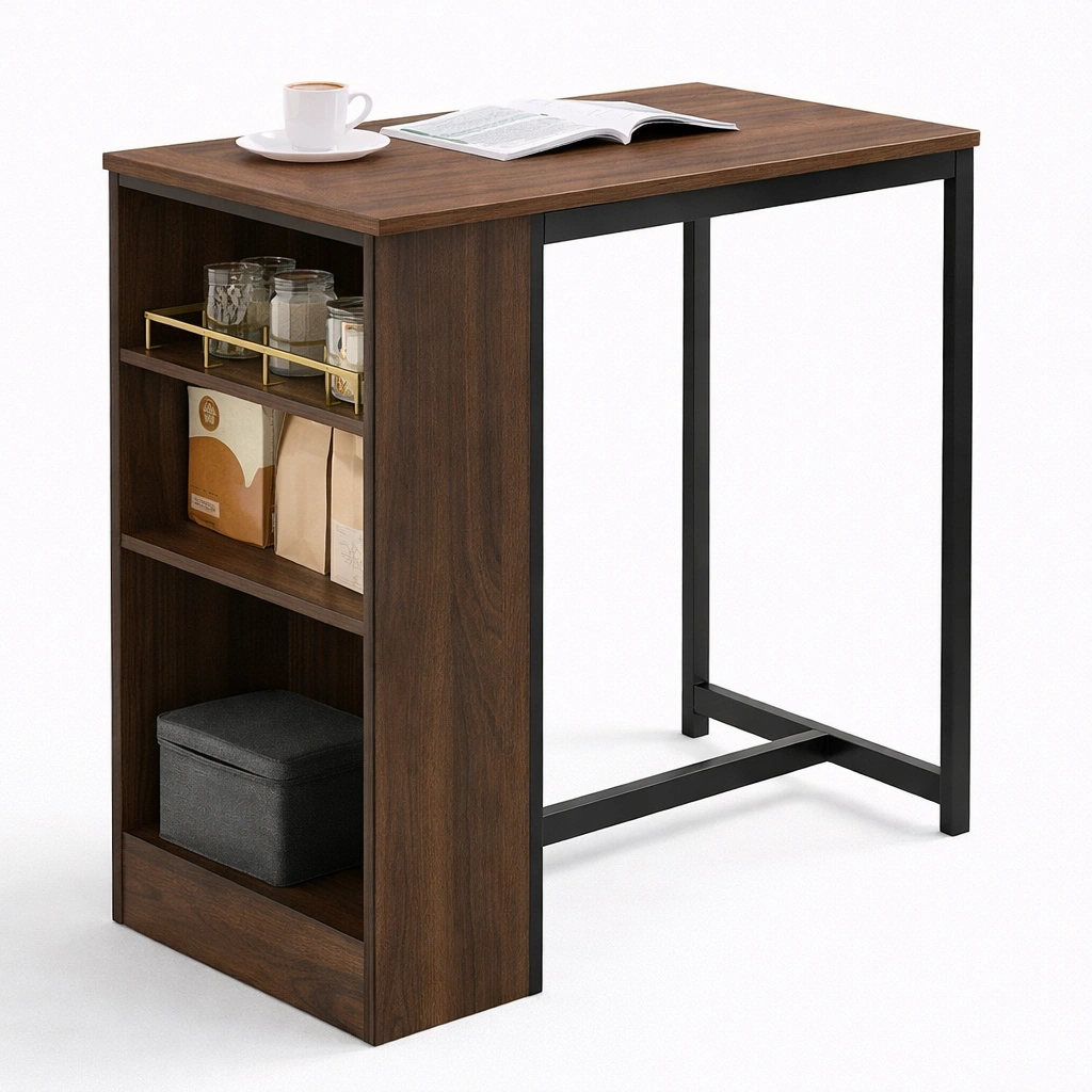 Kompakter Kuechentisch mit offenen Regalen