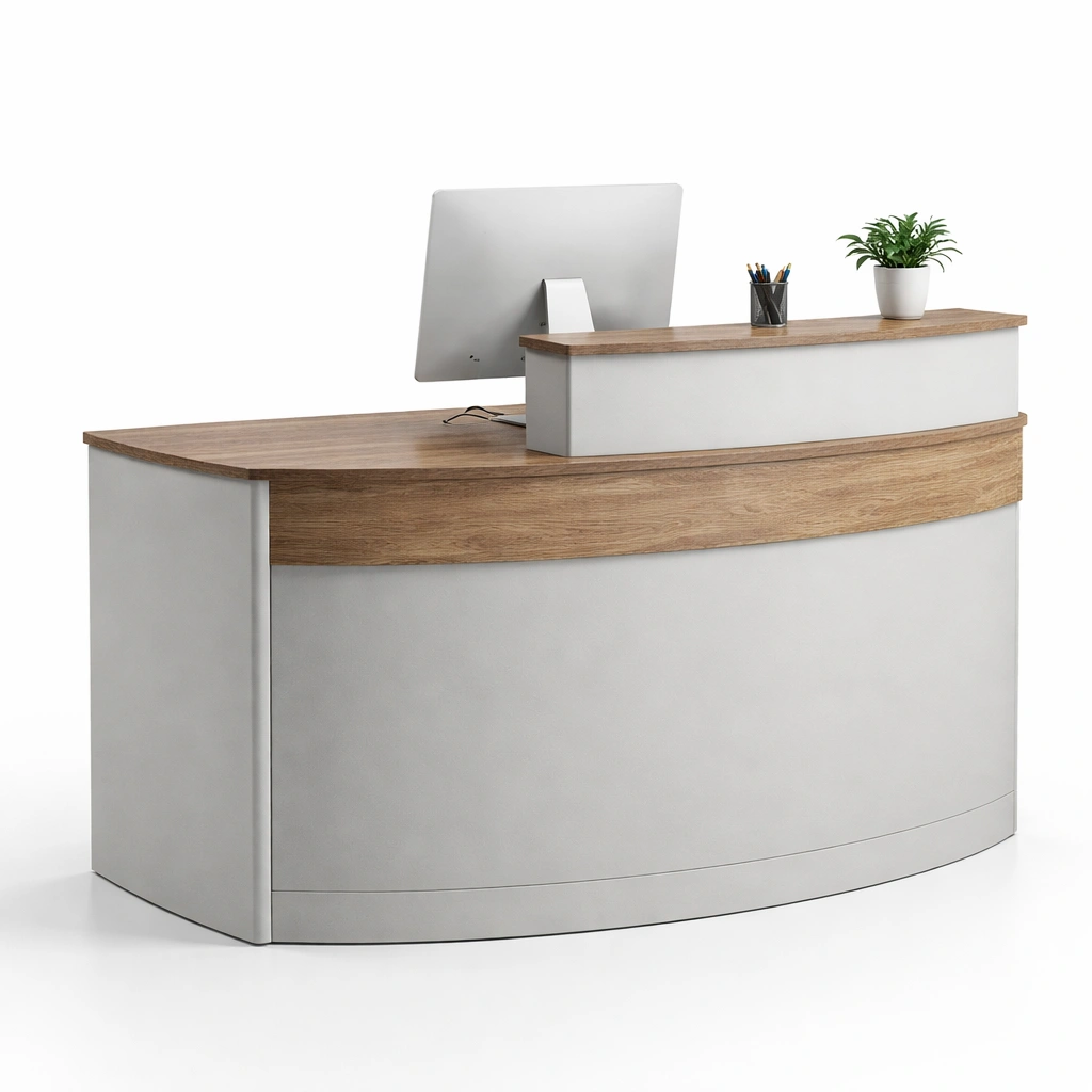 Geschwungener Empfangstresen mit Holzplatte