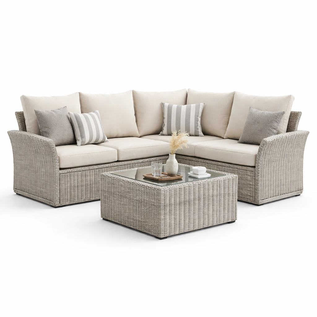 Rattan Ecksofa Set mit Tisch