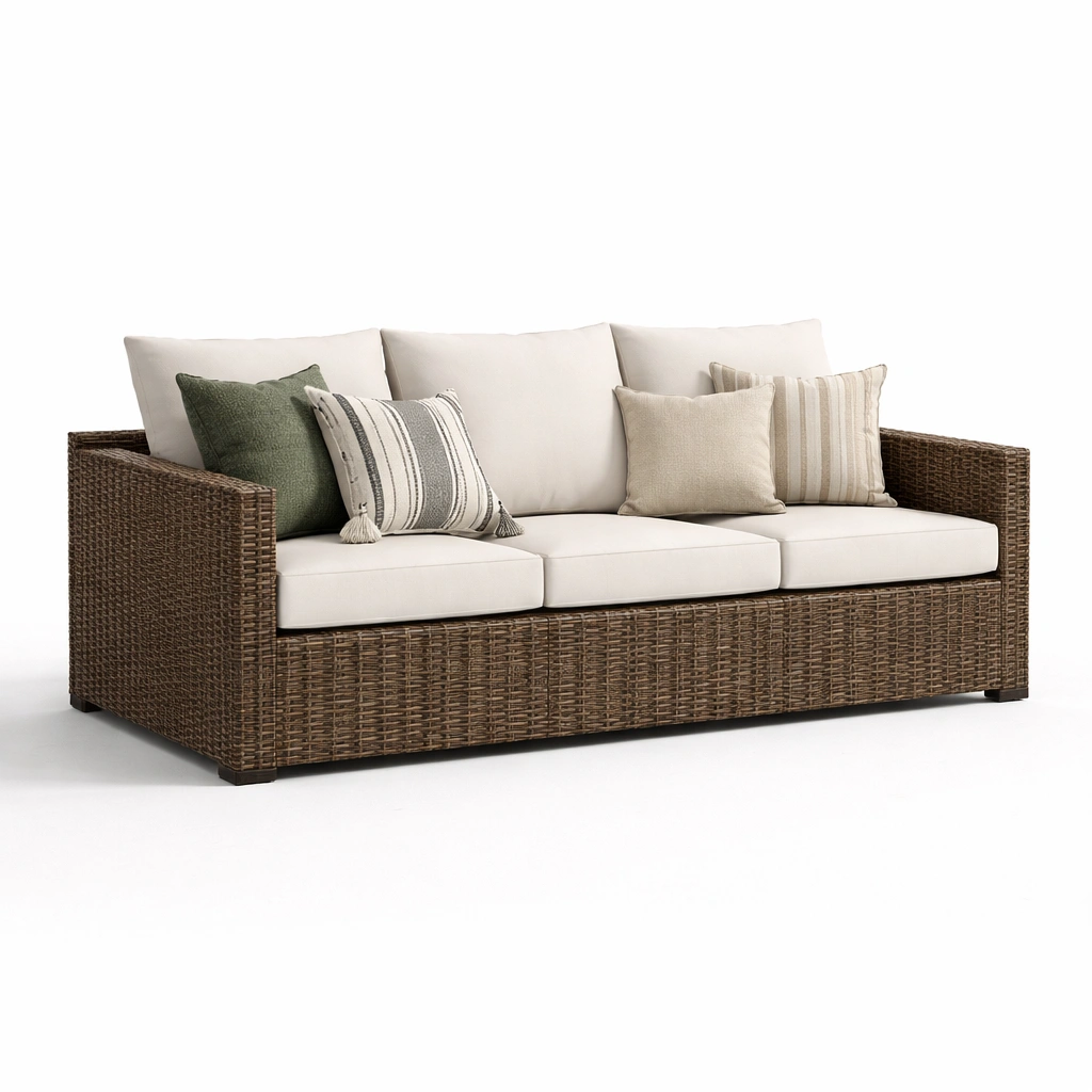 Rattan Dreisitzer Sofa mit Kissen